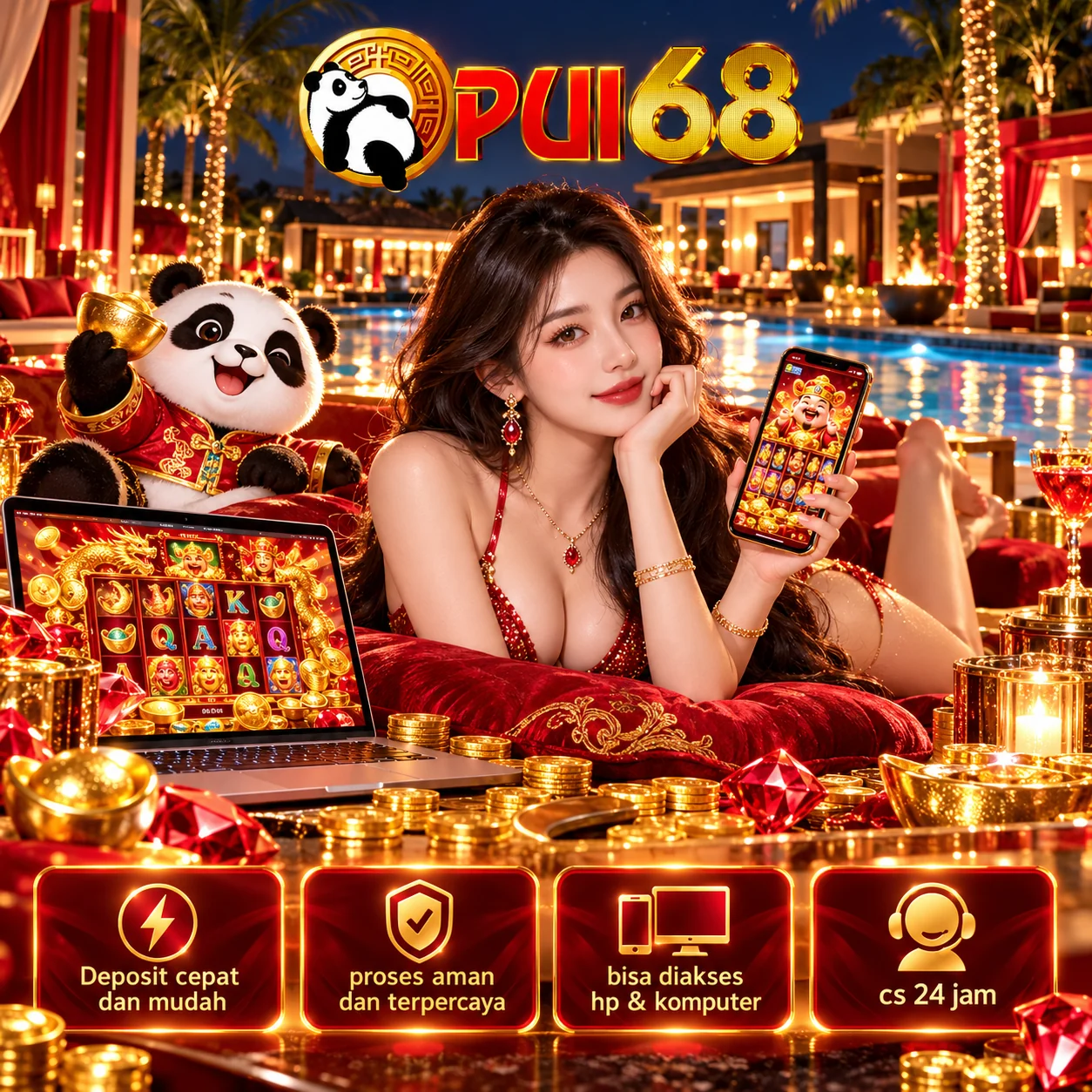Poster PUI68 bertema resor merah emas dengan tokoh wanita, panda, dan tampilan game